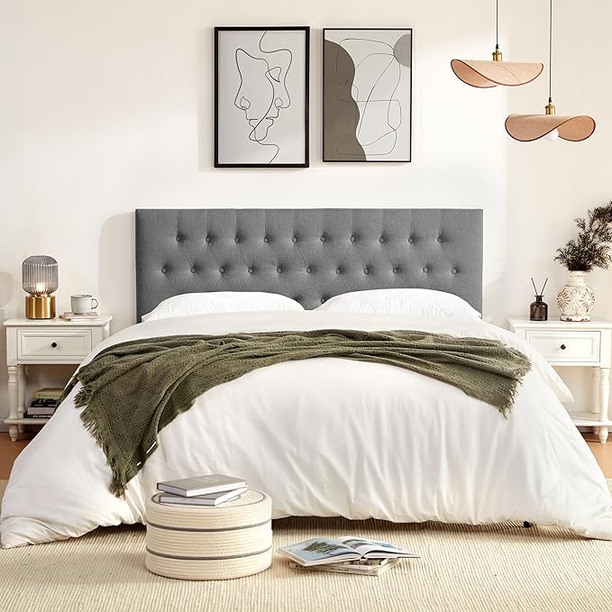 Tufted Upholstered Headboard King Size, Solid Wood Head Board with Durable Metal Legs, Adjustable Height Bed headboard from 37” to 51” Fabric Headboard in Modern Button Design, Grey