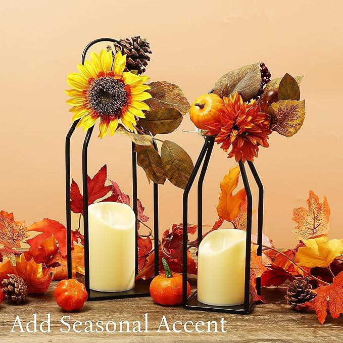 Perfnique Modern Farmhouse Lantern Decor, 15'' 13'' Set of 2 Black Metal Lantern, 2 LED 6hr Timer Flameless Candles ＆ Remote Timer, Lanterns Decorative for Outdoor, Home, Indoor, Patio, Christmas