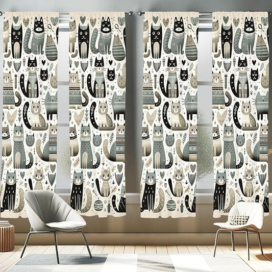 Ambesonne Cats Window Curtains Pack of 2, Modern Scandinavian Inspired Innocent Kitten Pattern with Leafy Details, Lightweight Set with Rod Pocket, 4 Panels of - 28" x 63", Pale Teal Pale Khaki Grey