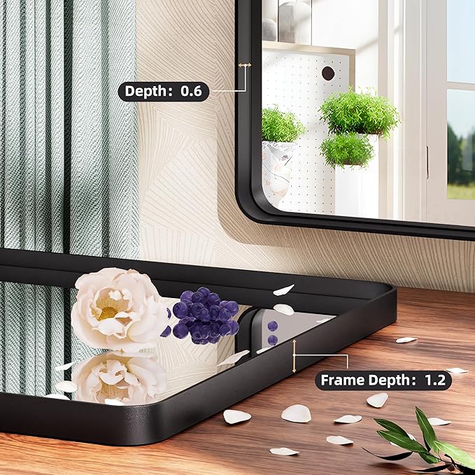 Hasipu Black Bathroom Wall-Mounted Mirror 50x40 Inch Rounded Rectangle Vanity Mirror Metal Framed Wall Mirrors Anti-Rust Surface Mount Over Sink (Hangs Horizontal or Vertical)