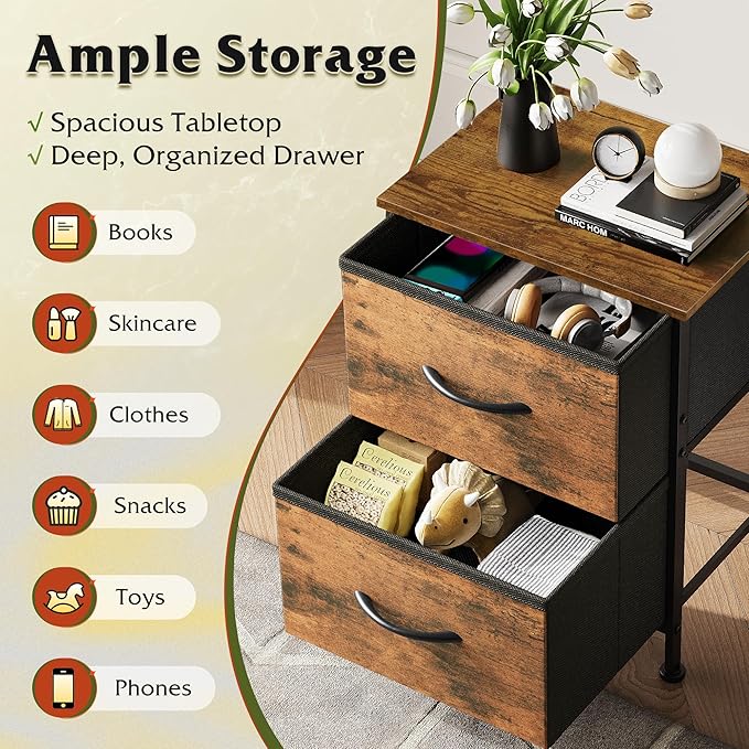 WLIVE Night Stand, Small 2 Drawer Dresser, Nightstand with Fabric Bins for Bedroom, Closet, Dorm, Rustic Brown Wood Grain Print, 11.8" D x 15.7" W x 20.9" H