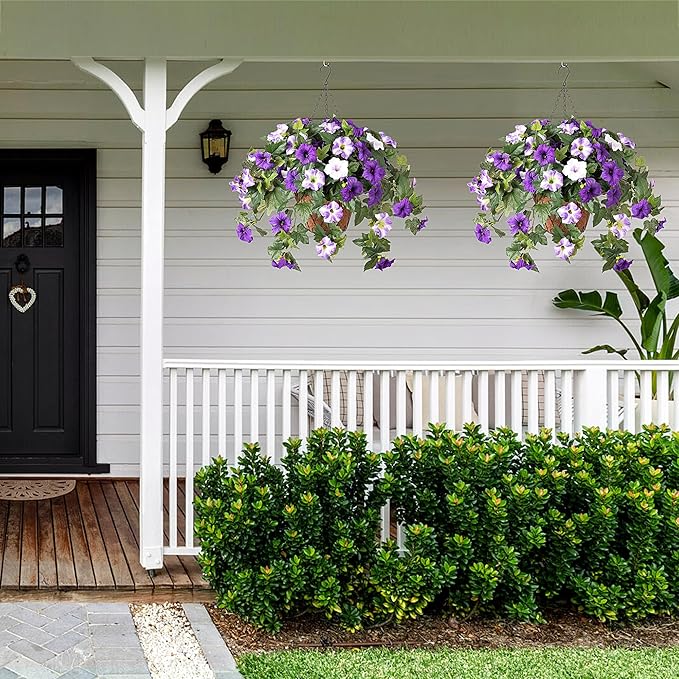 Artificial Fake Flowers Plants for Outdoor Decoration, 2PCS Faux Petunias Silk Flower UV Resistant No Fade for Home Outside Garden Balcony Yard Porch Realistic Indoor Decor (Purple White)