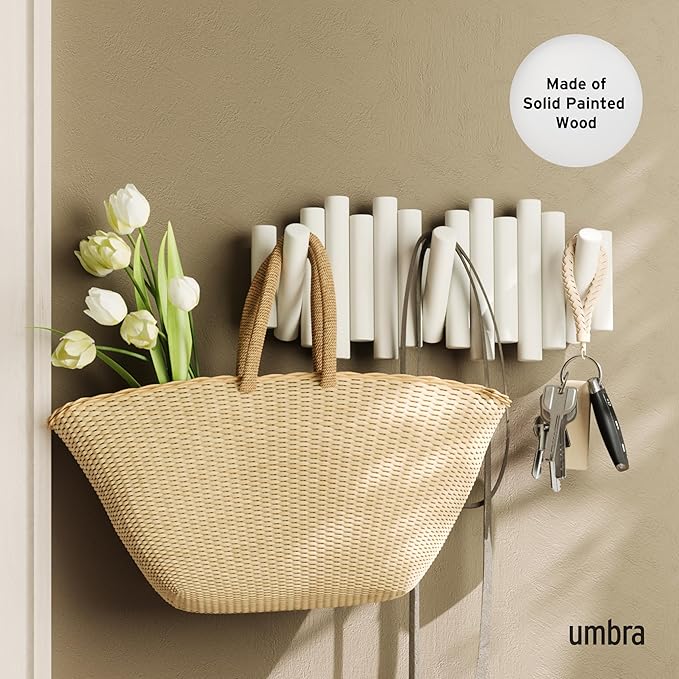 Umbra Picket Wall-Mounted Coat Rack Rail Hook with 5 Retractable Wood Pegs – Modern, Space-Saving Storage Organizer, White