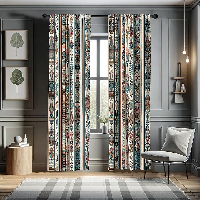 Ambesonne Ethnic Window Curtains Pack of 2, Folkloric Style Floral Ornaments with Bohemian Oriental Motifs as Stripes, Lightweight Set with Rod Pocket, 4 Panels of - 28" x 95", Teal Coral and Orange