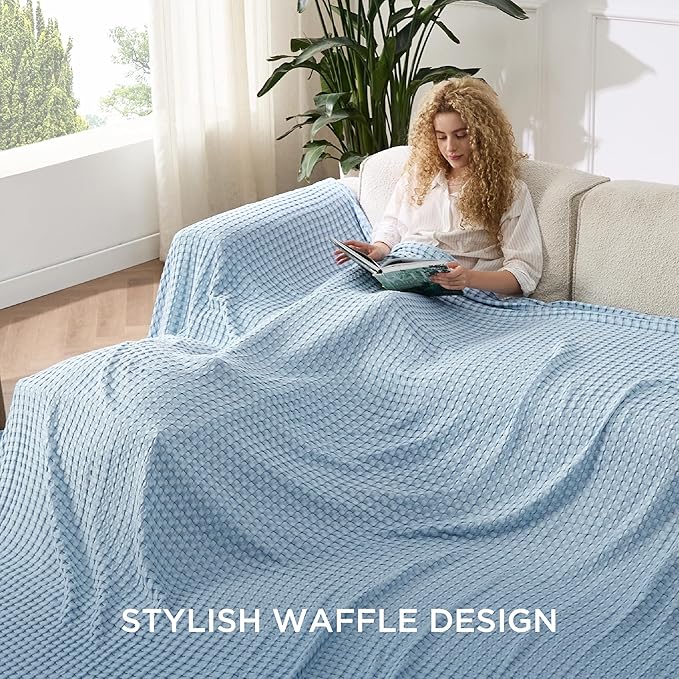 Bedsure Cooling Cotton Waffle Oversized King Blanket - Lightweight Breathable Rayon Derived from Bamboo for Hot Sleepers, Luxury Throws for Bed and Sofa, Blue, 120x96 Inches