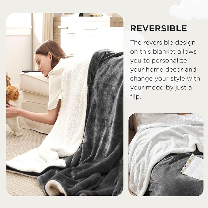 Bedsure GentleSoft Sherpa Fleece Oversized Cal King Blankets for Bed - Thick and Warm Throw for Women and Men, Soft Fuzzy Plush Large Blanket for Winter, Charcoal, 112x98 Inches