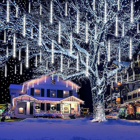 Kwaiffeo Outdoor Christmas Decorations, Waterproof 16-Tube Meteor Shower Lights for Xmas Wedding Party Hanging Decor, Wedding Decorations for Reception, Equivalent to 2 Sets of 8-Tubes, White