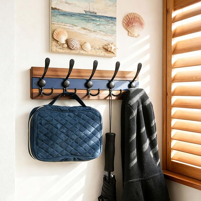 SKOLOO Rustic Wall Mounted Coat Rack - 17" Long Coat Hooks for Wall with 5 Triple Hooks for Hanging Coats, Hats or Tools, Western National Parks Collection, Wood Brown & Blue
