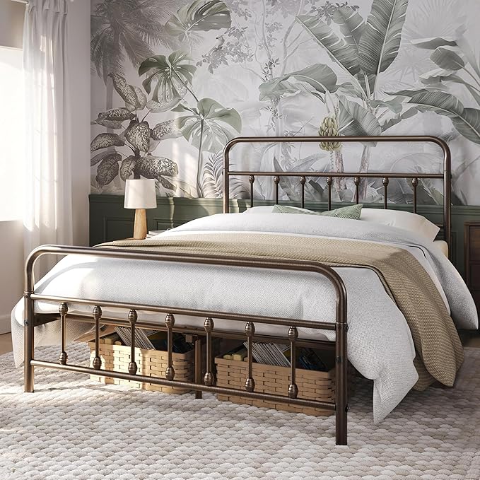 Yaheetech Classic Metal Platform Bed Frame Mattress Foundation with Victorian Style Iron-Art Headboard/Footboard/Under Bed Storage/No Box Spring Needed/Queen Size Bronze