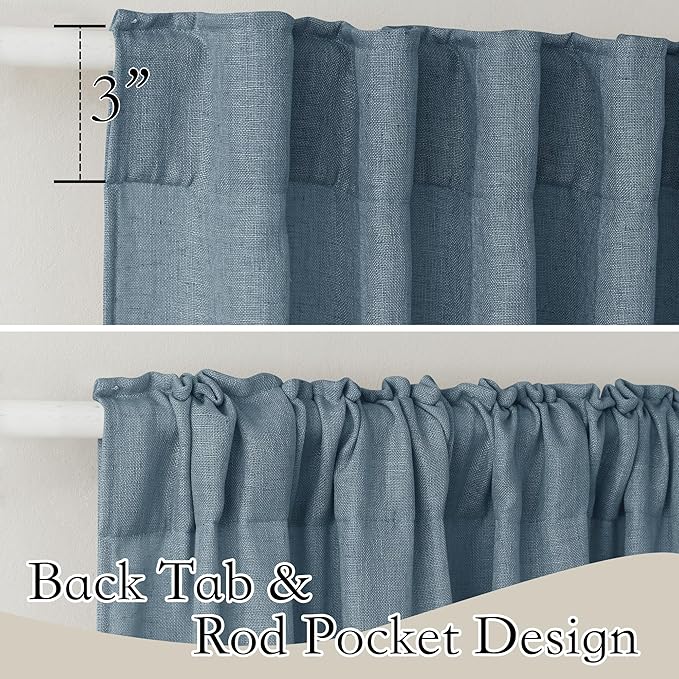 RYB HOME Linen Sheer Window Curtains - Half Privacy Light Filtering Rod Pocket Airy Drapes Small Window Treatment for Bedroom Bathroom Office, Stone Blue, 52 inch Wide x 63 inch Long, 2 Panels