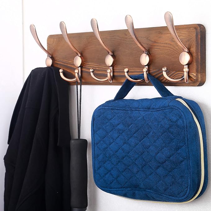 SKOLOO Rustic Pine Wood Wall Coat Rack with 5 Triple Hooks, 16" Hole to Hole, Farmhouse Wall Mounted Coat Rack for Hanging Backpack, Jacket, Hat