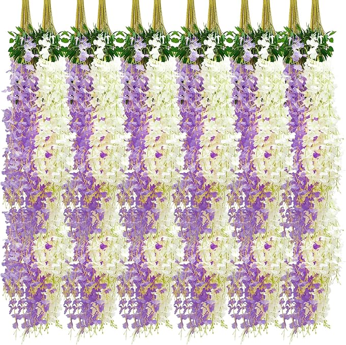 Giegxin 36 Pcs Artificial Wisteria Hanging Flowers 3.6 ft Artificial Fake Wisteria Vine Rattan Hanging Garland Silk Flowers String for Wall Home Wedding Party Greenery Decorations (Purple,White)