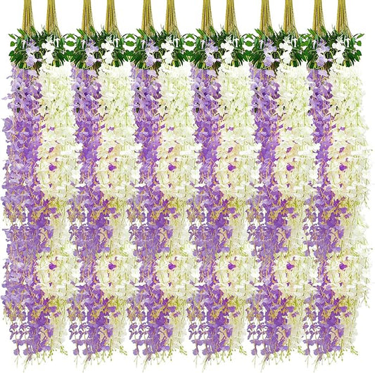 Giegxin 36 Pcs Artificial Wisteria Hanging Flowers 3.6 ft Artificial Fake Wisteria Vine Rattan Hanging Garland Silk Flowers String for Wall Home Wedding Party Greenery Decorations (Purple,White)