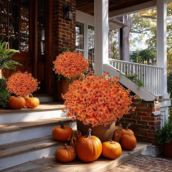 Artificial Fall Flowers Outdoor Fake Mums - 16 Bundles Fake Plants UV Resistant No Fade Faux Plastic Greenery Garden Porch Patio Fall Home Decor (Orangeyellow)