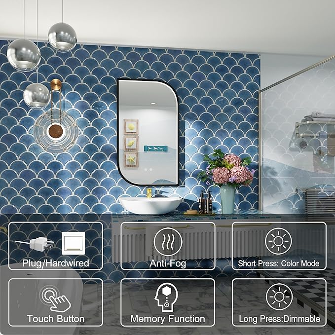 40x24 Inch Black LED Bathroom Mirror, Adjustable 3000K/4500K/6000K, Irregular Framed Lighted Bathroom Vanity Mirror with Lights, Anti-Fog, Stepless Dimmable, Wall Mounted