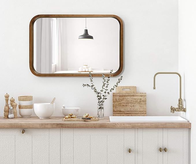 Kate and Laurel Hutton Modern Rounded Rectangle Wall Mirror, 20 x 30, Rustic Brown, Transitional Geometric Mirror for Wall