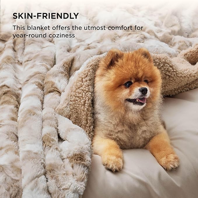 Bedsure GentleSoft Sherpa Fluffy Blanket Queen Size for Bed - Fleece Warm and Cozy for Women Gift, Plush & Fuzzy Faux Fur Christmas Blanket for Couch, Sofa Decor, Tie Dye Design, Beige, 90x90 Inches
