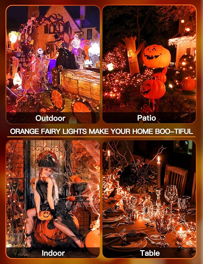 suddus Halloween Lights Battery Operated, 33ft 100 LED Orange String Lights for Outside Decorations Waterproof, Fairy Lights with Timer and Remote for Party, Yard, Outdoor, Tree, Wedding, Rroom Decor