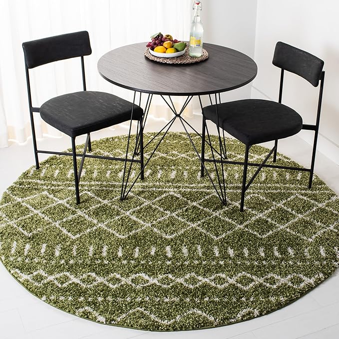 SAFAVIEH Arizona Shag Collection Area Rug - 5'1" Round, Green & Ivory, Moroccan Design, Non-Shedding & Easy Care, 1.6-inch Thick, Ideal for The Living Room, Dining, Bedroom (ASG741X)