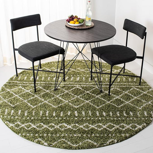 SAFAVIEH Arizona Shag Collection Area Rug - 5'1" Round, Green & Ivory, Moroccan Design, Non-Shedding & Easy Care, 1.6-inch Thick, Ideal for The Living Room, Dining, Bedroom (ASG741X)