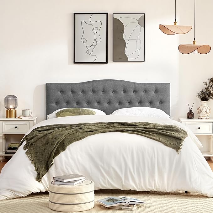 Tufted Upholstered Headboard King Size, Sturdy and Durable Solid Wood Bed headboard, Fabric Headboard Adjustable Height from 37” to 51”, Modern Button Diamond Design Head Board, Grey