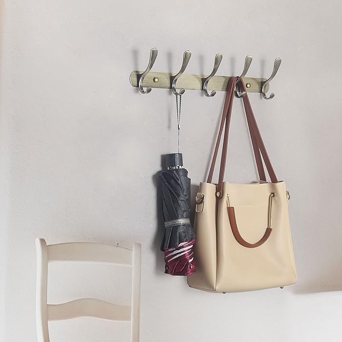 SKOLOO Modern Metal Wall Coat Rack with 5 Hooks, Sturdy Wall Hook Rack for Hanging Jacket, Clothes, Hat, Bronze