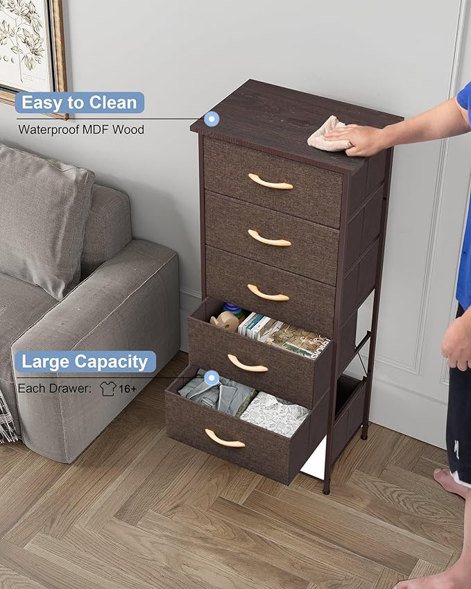 Crestlive Products Vertical Dresser Storage Tower - Sturdy Steel Frame, Wood Top, Easy Pull Fabric Bins, Wood Handles - Organizer Unit for Bedroom, Hallway, Entryway, Closets - 6 Drawers (Brown)