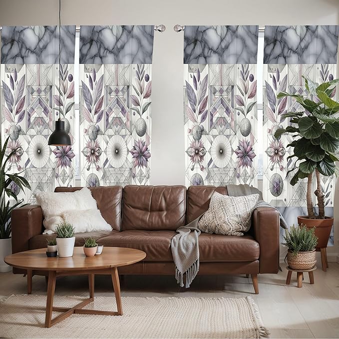 Ambesonne Geometric Floral Window Curtains Pack of 2, Classic Marble Print Ornate Leafy Flowers and Futurist Stripes, Lightweight Set with Rod Pocket, 4 Panels of - 28" x 95", Ceil Blue Laurel Green