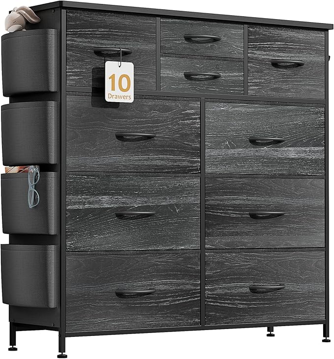 Dresser for Bedroom with 10 Drawers, Chest of Drawers with Side Pockets, Hooks, Wooden Top and Sturdy Metal Frame, Fabric Dresser Drawers for Living Room, Hallway (Black Wood Veins)