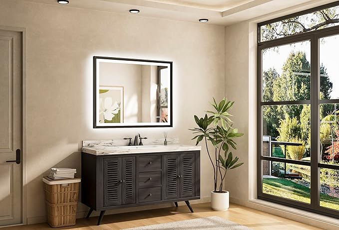 TETOTE LED Mirror for Bathroom Black Metal Frame 40x32 Frontlit & Backlit Lighted Vanity Mirror Baroque Gothic Anti Fog Stepless Dimmable White/Warm/Natural,CRI90+,Waterproof(Horizontal/Vertical)