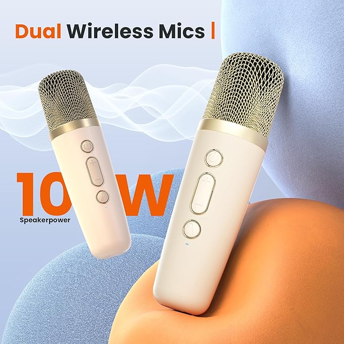 YLL Karaoke Machine for Adults Kids, Portable Bluetooth Karokee Speaker with 2 Wireless Microphones,Singing Karaoke Machine Built-in LED Lights for Birthday Gifts, Family Home Party(Beige)