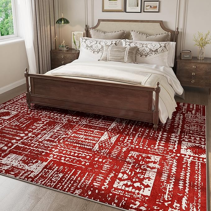 Living Room Rug 6x9 Rug Machine Washable Boho Area Rug Non Slip Moroccan Vintage Low Pile Large Rug for Living Room, Bedroom, Farmhouse, Dining Room, Kids Playroom(Terracotta)