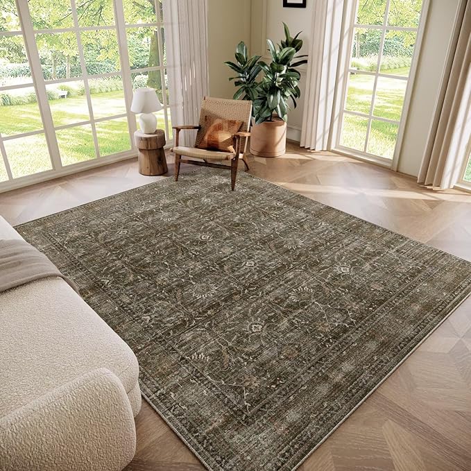 Washable 5x7 Area Rugs for Living Room, Boho Non-Slip Silicone Backing Rugs for Bedroom Dining Room Nursery Office, 0.3" Neutral Oriental Throw Carpet with 0.16" Cushioning Pad, Deep Brown/Multi