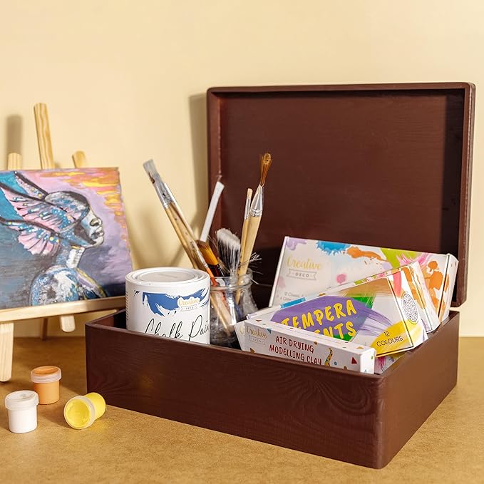 XL Brown Wooden Box Storage with Hinged Lid | 15.8 x 11.8 x 5.5 inches (+-0.5) | Gift Box for Tool Dog Toy Shoes Clothes Kitchen Storage Document | Wood Keepsake Chest