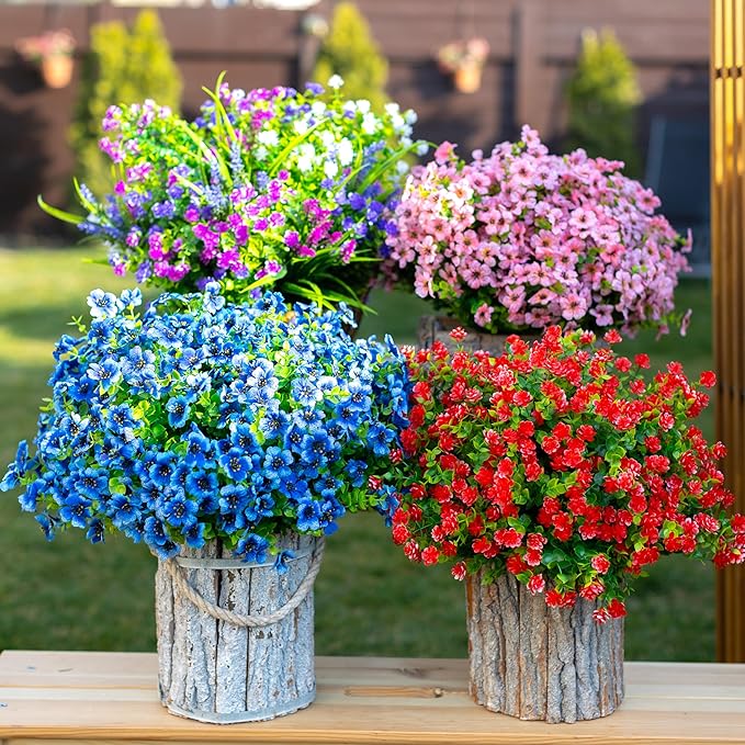 Artificial Flowers for Outdoors Fake Plants - 16 Bundles Faux Outside Greenery Boxwood No Fade Plastic Shrubs Fall Decor Farmhouse Home Garden (Blue)