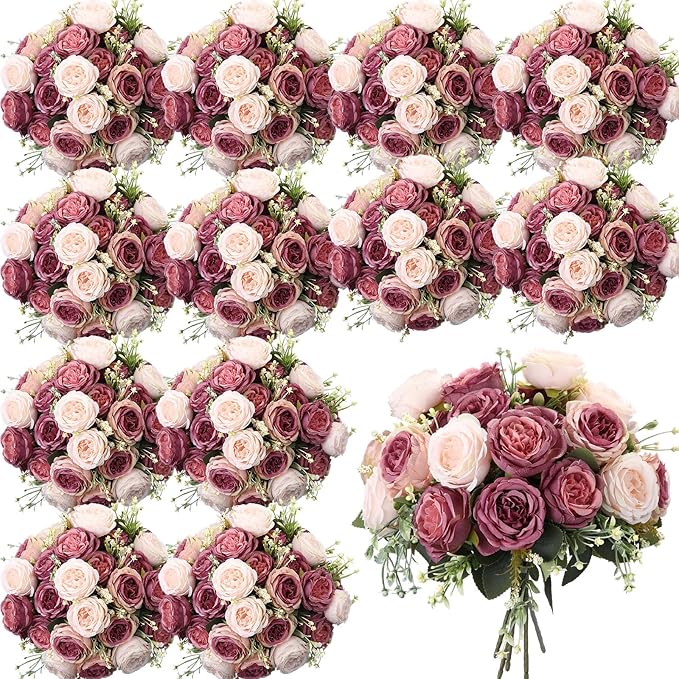 Geosar 16 Bundles Artificial Peonies Flowers Fake Silk Peony Bouquet Faux Peonies Flowers Bulk for Decoration Vase Floral Arrangements Wedding Party Table (Dusty Pink,Dusty Rose)