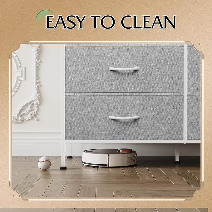 WLIVE 6 Drawer Dresser for Bedroom, Wide Fabric Dresser TV Stand for 50 Inches TV with Metal Frame, Wooden Top, Chest of Drawers, Storage Organizer for Living Room, Hallway, Light Grey