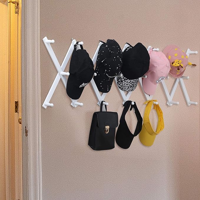 WEBI Accordion Wall Hanger,Wooden Expandable Coat Rack Wall Mounted,Accordion Hat Rack for Wall,Accordion Hook Rack for Hats,Caps,20 Peg Hooks,White