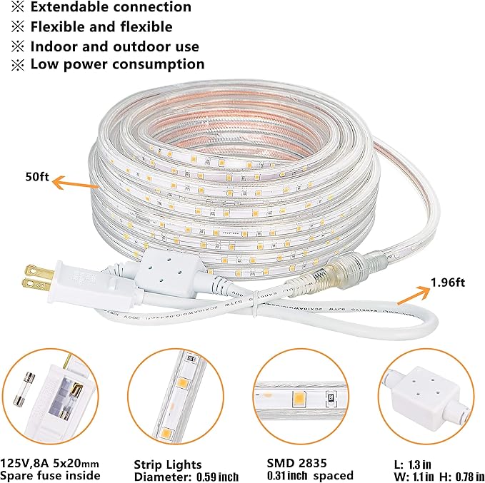 SURNIE LED Rope Lights Outdoor Waterproof Warm White, 50ft Outside Bright Lighting Cuttable Connectable Flexible 110V Cool Clear Flat 3000K, Indoor Deck Patio Christmas Camping Decor, Not Tube Rope