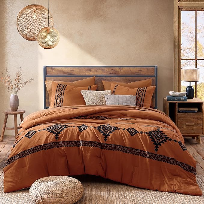MaiRêve Burnt Orange Embroidery Comforter Set King Size - 7 Pieces, Farmhouse Western Bedding Sets All Season, Boho Bed in A Bag King with Sheets, Comforters, Pillowcases & Shams
