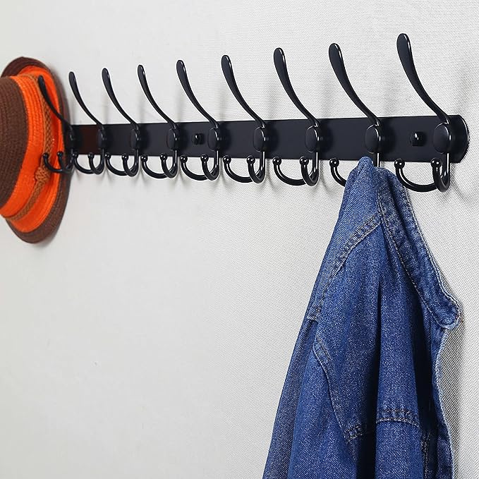 Dseap Coat Rack Wall Mount - 38” Long 10-Tri-Hooks Heavy Duty Coat Hanger Rail Wall Hooks for Hanging Coats Hats Clothing Clothes Purse Mudroom Entryway, Black