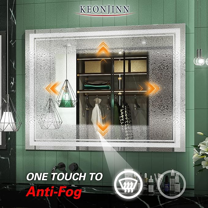 Keonjinn Large Bathroom Mirror with Light, 48 x 36 Inch LED Mirror for Bathoom, Frontlit Only, HD Tempered Glass, UL-Listed LED Driver, Anti-Fog, Dimmale 6000K, Easy Installation(Horizontal/Vertical)