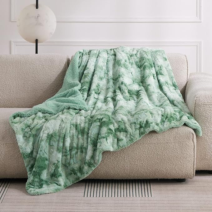 Bedsure GentleSoft Sherpa Fluffy Blanket Twin Size - Fleece Warm and Cozy Throw for Women Gift, Plush & Fuzzy Faux Fur Christmas Blanket for Couch, Bed Decor, Tie Dye Design, Sage Green, 60x80 Inches