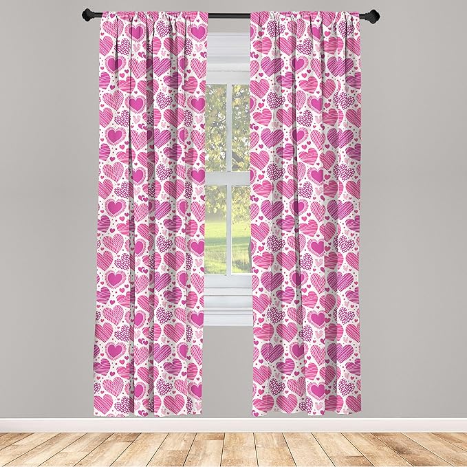 Ambesonne Valentines Window Curtains Pack of 2, Romantic Heart Shapes with Many Different Designs Polka Dots Crossed Lines, Lightweight Set with Rod Pocket, 4 Panels of - 28" x 95", Pink White