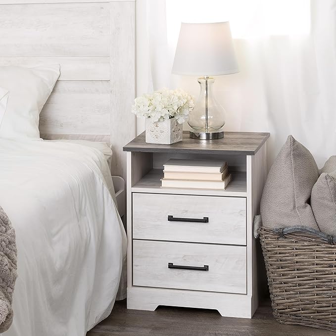 Prepac Rustic Ridge Farmhouse Bedroom Nightstand with 2 Drawers and an Open Cubby, Wooden Bedside Table for Bedroom, Office, or Living Room, 16.25in x 18.75in x 24.5in, Washed White