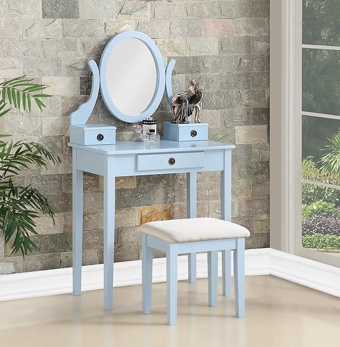 Roundhill Furniture Moniys Wood Makeup Vanity Table and Stool Set, Blue