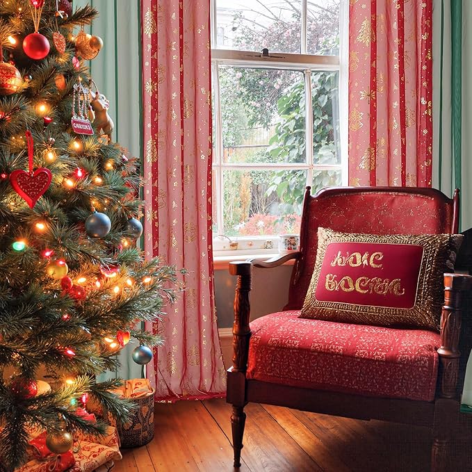 NICETOWN Christmas Window Curtains Set, 2 Pcs W29xL96 Green Sheer + 2 Pcs W40xL96 Gold Foil Stamped for Christmas Home Decoration