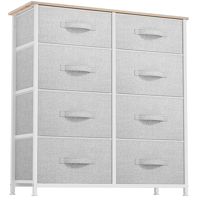 DWVO Fabric Dresser for Bedroom, Tall Dresser with 8 Drawers, Storage Tower with Fabric Bins, Chest of Drawers for Closet & Living Room - Sturdy Steel Frame, Wooden Top