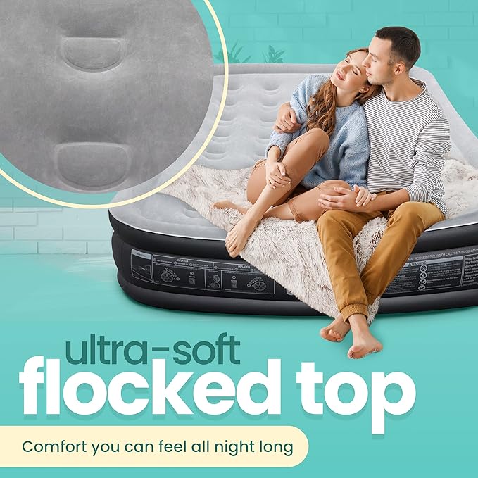 EZ INFLATE Air Mattress with Built in Pump - King Size Double-High Inflatable Mattress with Flocked Top - Easy Inflate, Waterproof, Portable Blow Up Bed for Camping & Travel