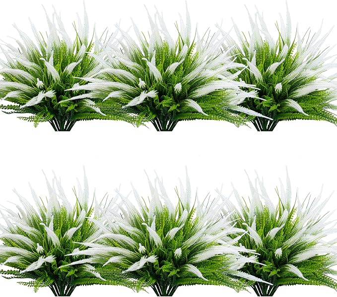 12 Bundles Outdoor Artificial Plants Flowers UV Resistant Fake Grass Plants Tropical Faux Bushes Shrubs for Home Front Porch Outside Planter Garden Landscape Décor